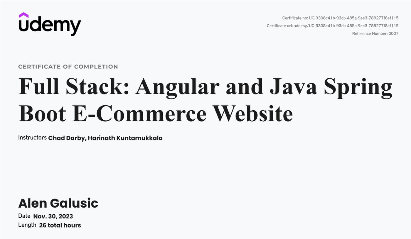 Zertifikat: Full Stack Angular and Java Spring Boot