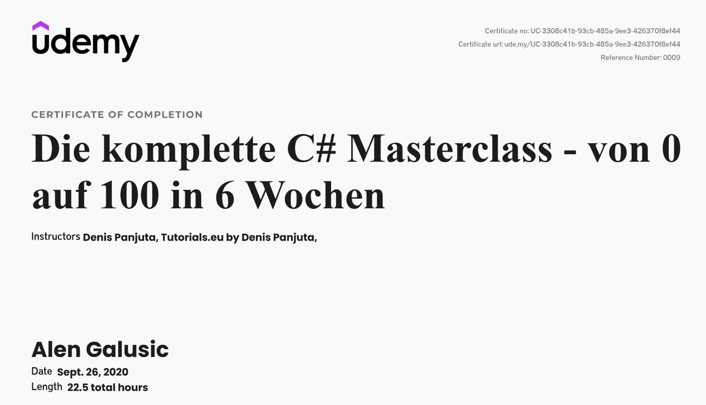 Zertifikat: Die komplette C# Masterclass