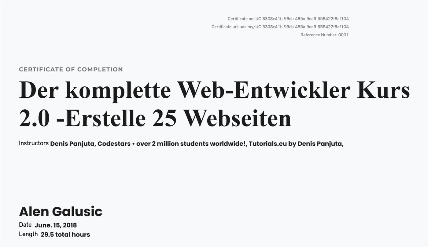 Zertifikat: Der komplette Web-Entwickler Kurs 2.0
