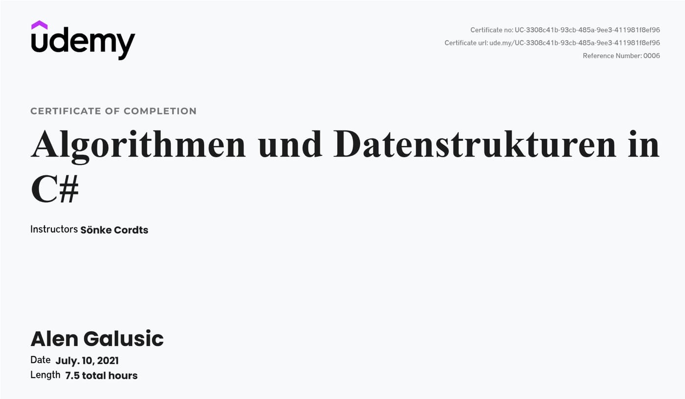 Zertifikat: Algorithmen und Datenstrukturen in C#