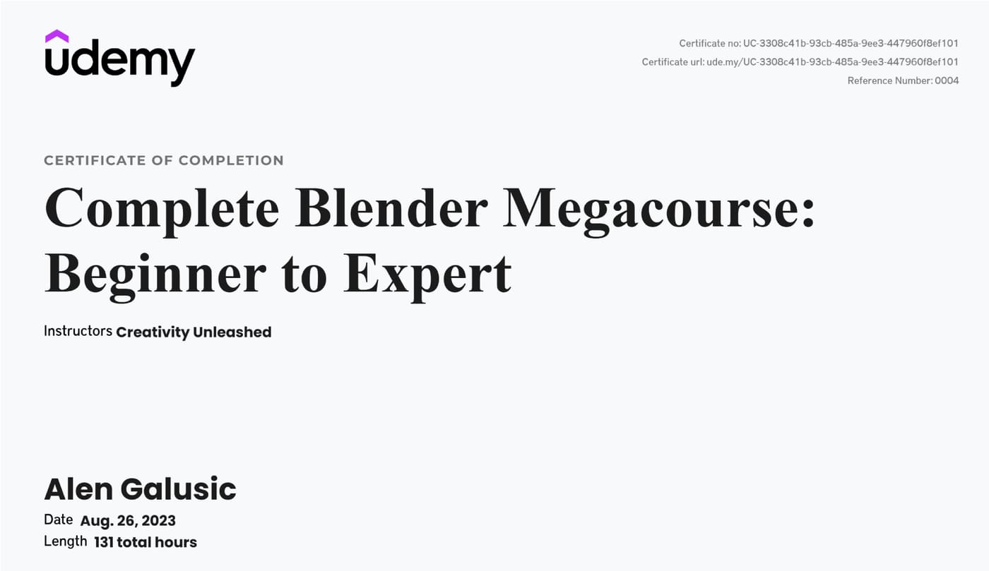 Zertifikat: Complete Blender Megacourse
