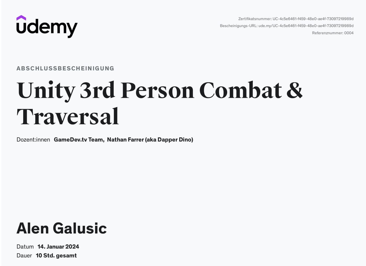 Zertifikat: Unity 3rd Person Combat und Traversal